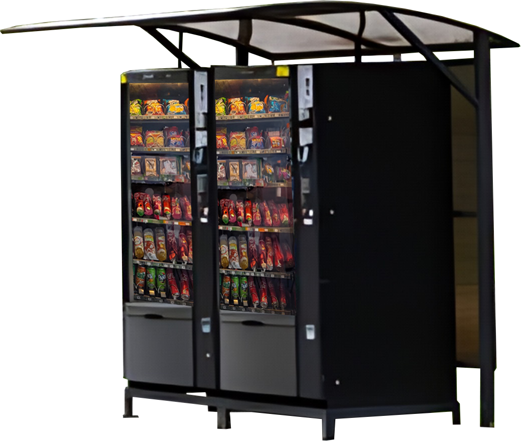 Rugged vending machine optimized for building sites, stocked with essential snacks and beverages