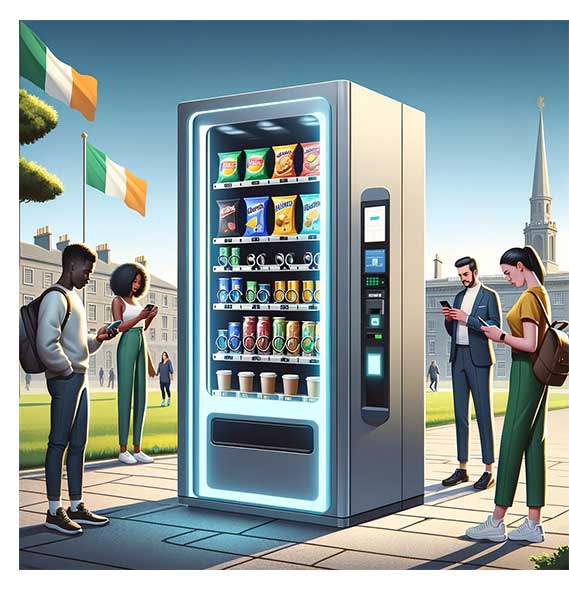 A futuristic contactless vending machine in an Irish setting with diverse people using smartphones and smartwatches for transactions